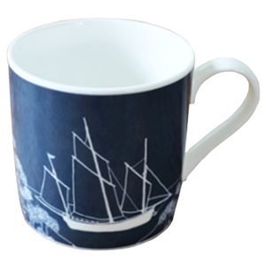 Fine Bone China Mug with Cornish Privateer Boat in Deep Blue - Limited Edition 