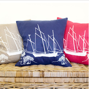 Cushion - Hand Printed Linen in Deep Blue - Seafarers Collection by Helen Round
