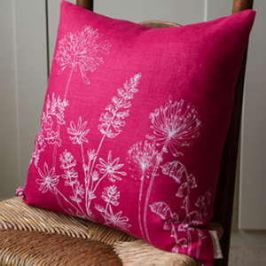 Cushion - Hand Printed Linen in Raspberry Pink - Country Garden Collection by Helen Round