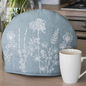 Tea Cosy - Hand Printed Linen in Hollyhock Blue - Country Garden Collection by Helen Round