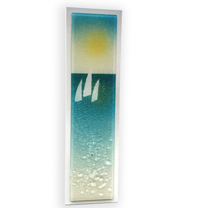 On the Beach Sailing Boats Fused Glass Wall Art Panel by Berserks Glass