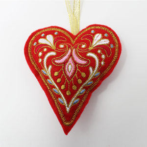 Embroidered Felt Heart Christmas Tree Decoration - Red
