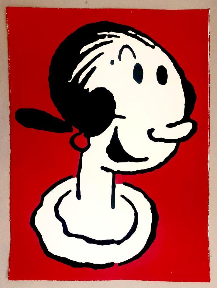 Olive Oyl Smiling Screen Print Picture on Red Background