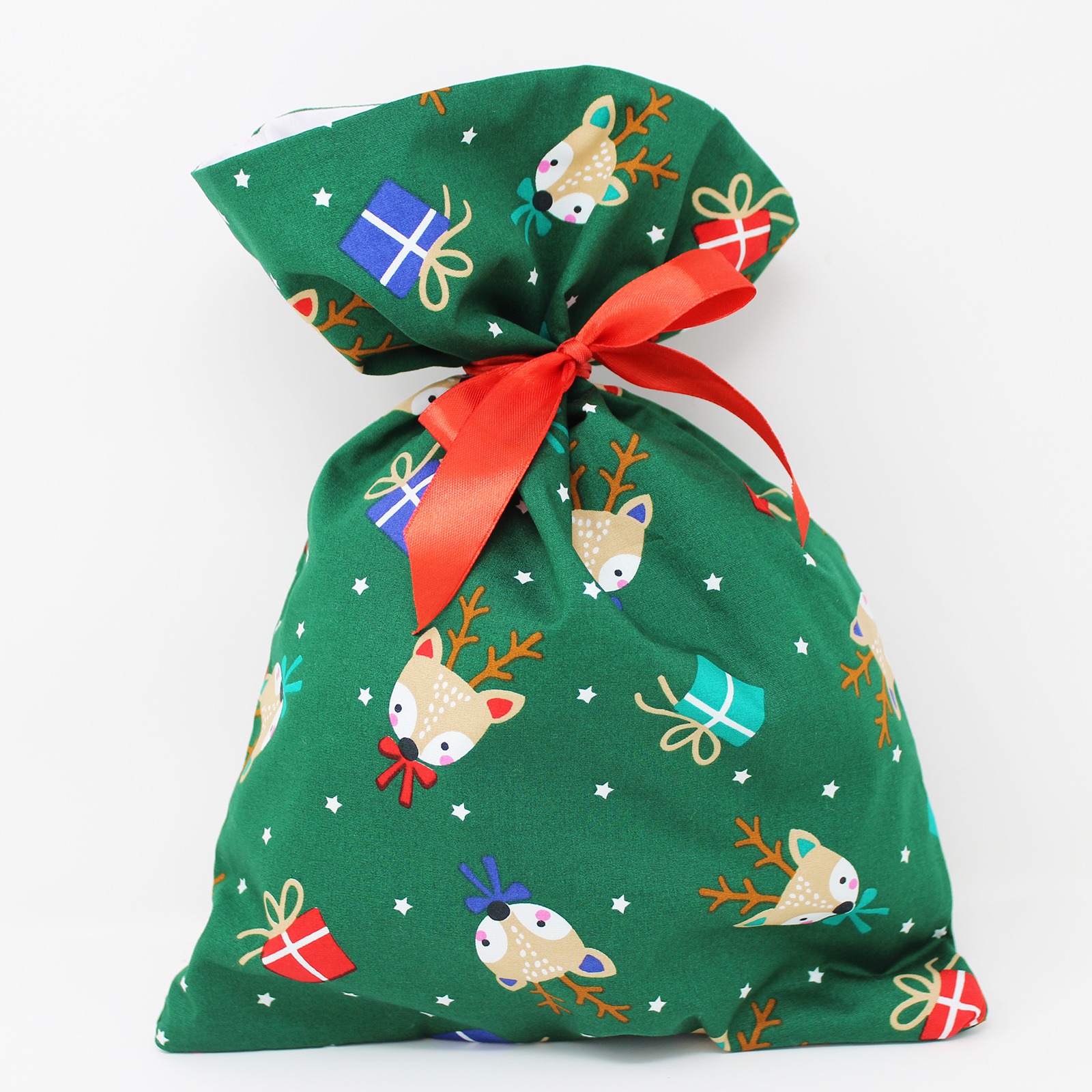 Reusable Christmas Fabric Gift Bags - Reindeer and Present Print