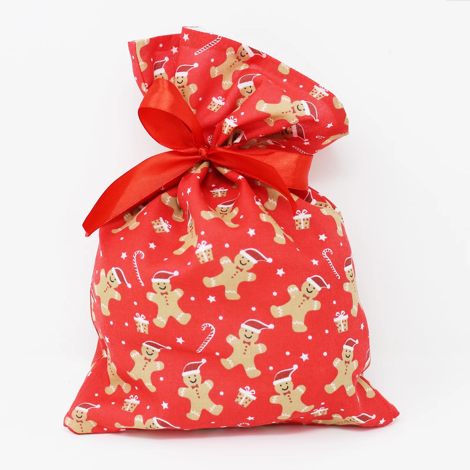 Reusable Christmas Fabric Gift Bags - Gingerbread Man on Red Print