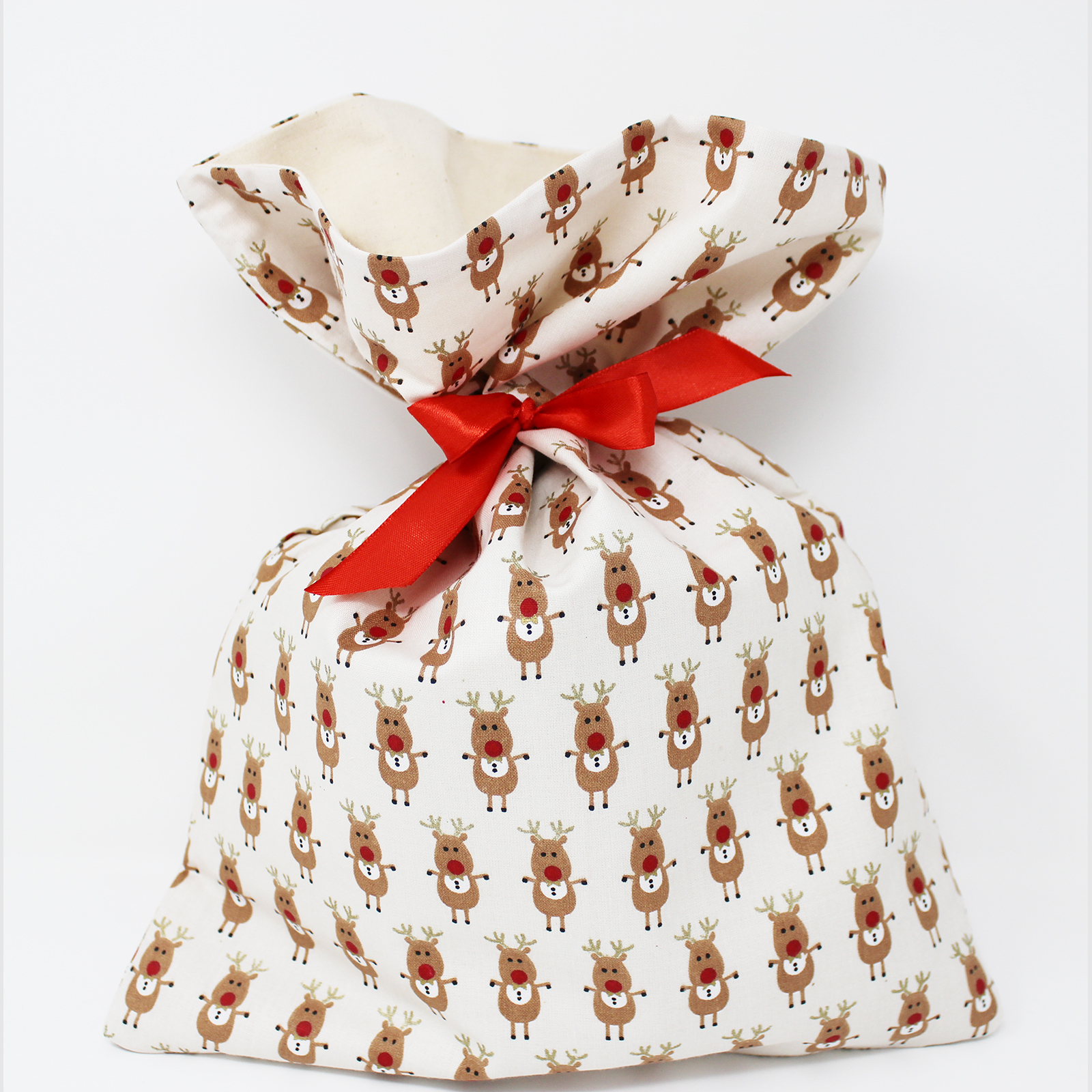 Reusable Christmas Fabric Gift Bags - Reindeer on Buff Colour Print