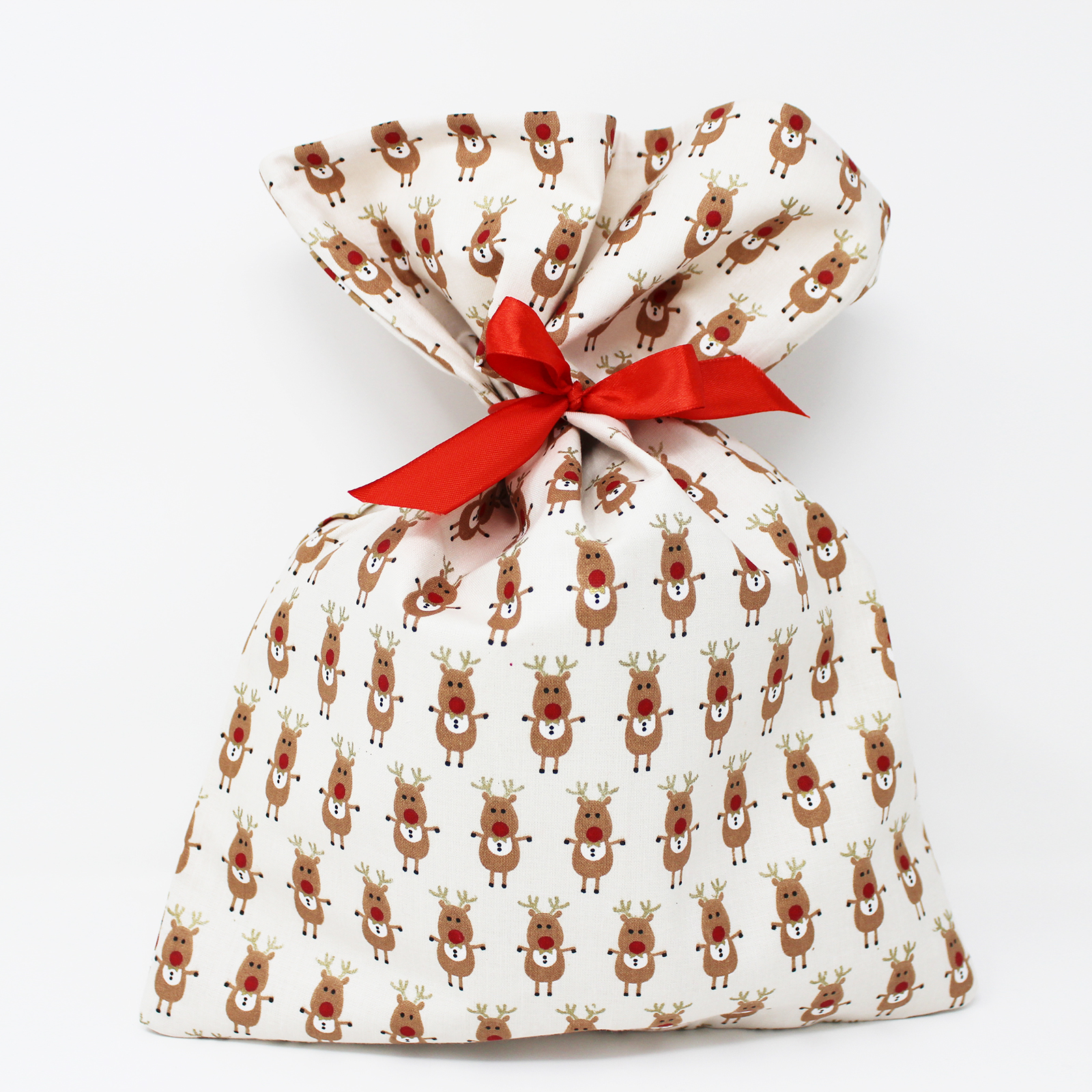 Reusable Christmas Fabric Gift Bags - Reindeer on Buff Colour Print