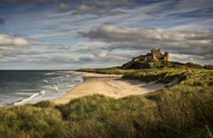 Bamburgh castle and beach in the afternoon