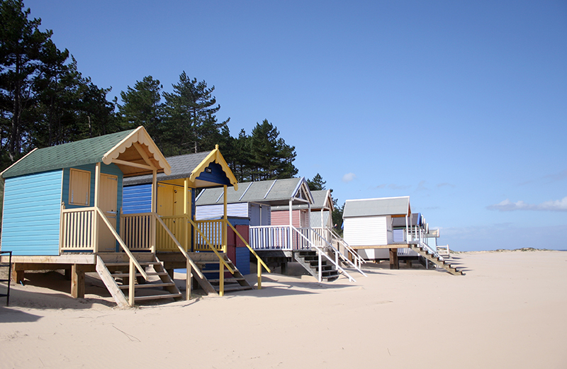 Wells by the sea, with beach huts and golden sand